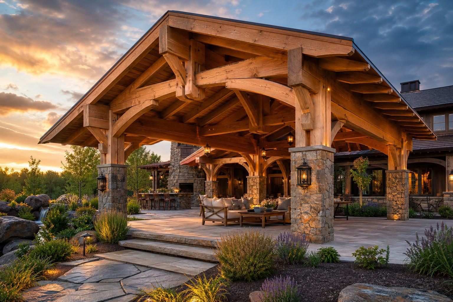 Custom Douglas fir timber patio cover at golden hour, built by High End Outdoors