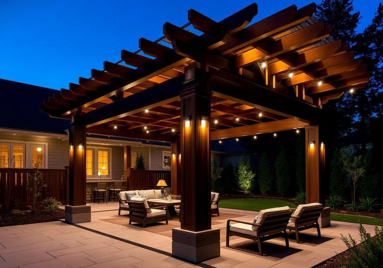 Stained dark walnut pergola with integrated downlights and string lights at night, built by High End Outdoors